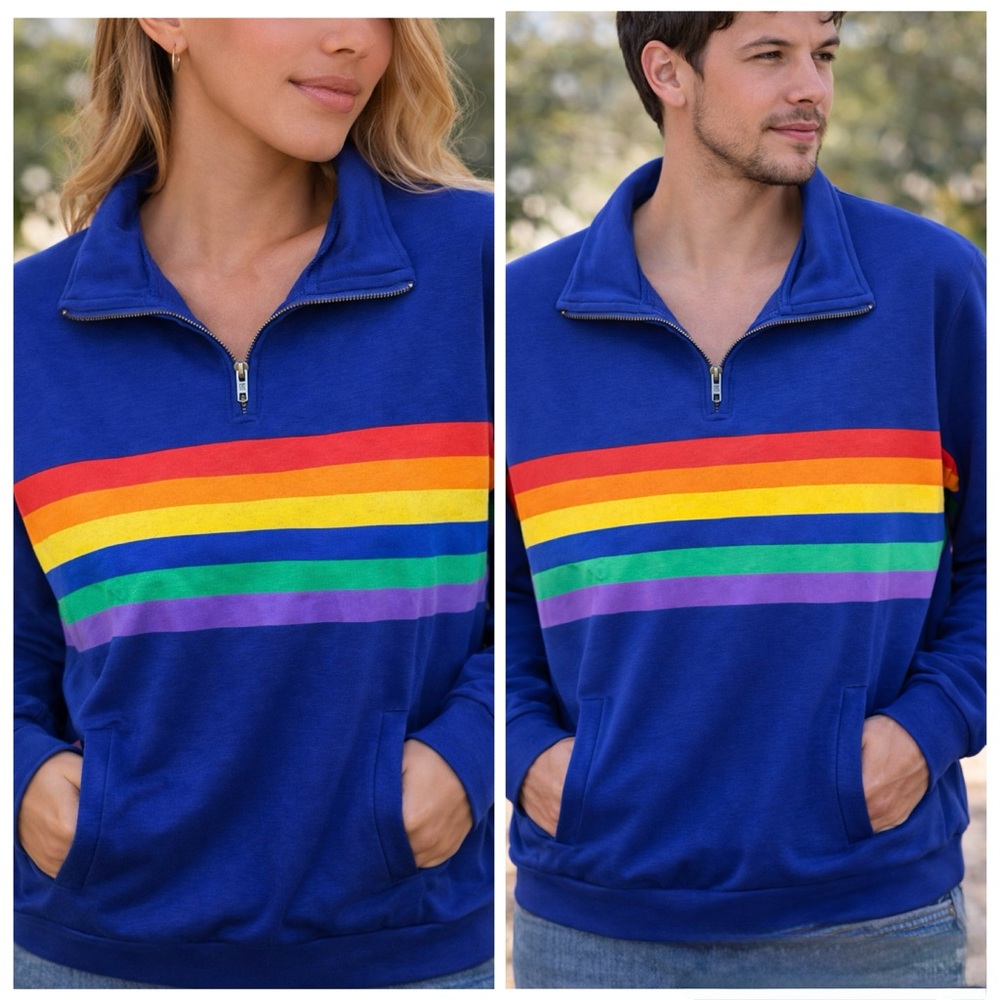 Unisex Retro Rainbow Stripe Blue Quarter Zip t-shirt